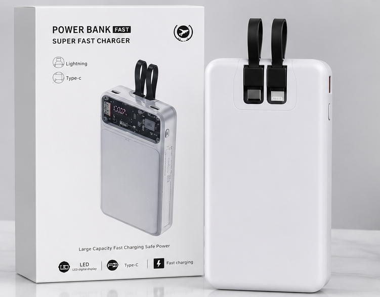 66W Fast Charging 20,000 mAh Power Bank | Built-in Cables (White)