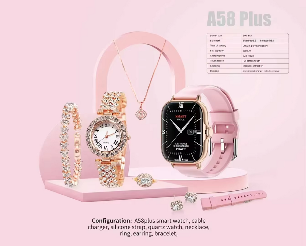 A58 Plus 6 in 1 - Smartwatch For Women | Best Smart Watch For Girls | Perfect Gift - Pink