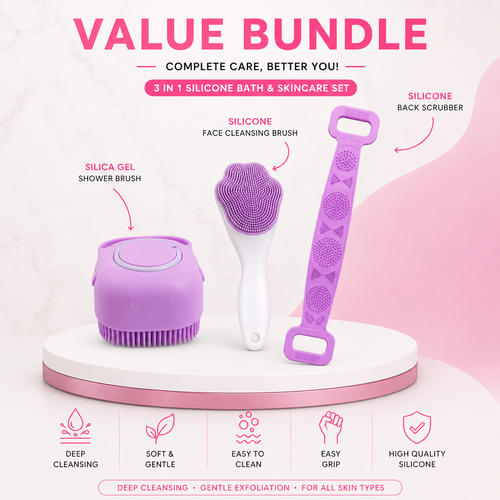3 in 1 Silicone Bath & Skincare Value Bundle|Shower Brush, Back Scrubber & Face Cleansing Brush Set