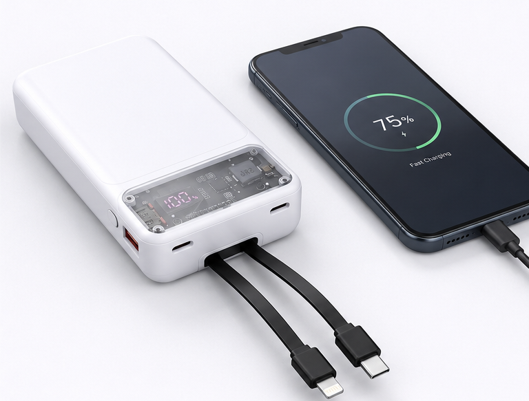 66W Fast Charging 20,000 mAh Power Bank | Built-in Cables (White)
