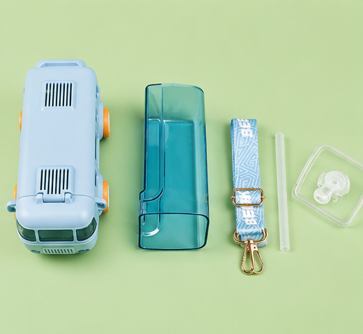 Bus Shape School Water Bottle | 500ml | With Strap | Cute & Leak-Proof