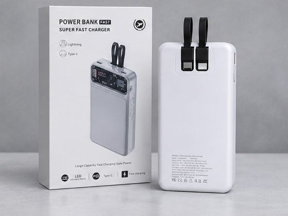 66W Fast Charging 20,000 mAh Power Bank | Built-in Cables (White)